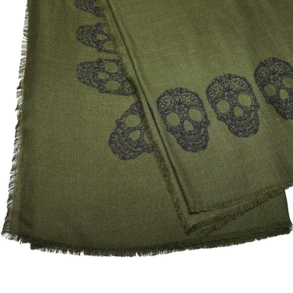Blue Pacific Cashmere Blend Scarf Skull Print Green Large Square Grunge Goth - Picture 8 of 10